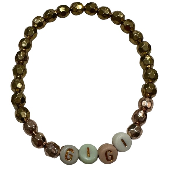 Handmade Jewelry - Gigi Stretch Bracelet – Gold & Rose Gold Faceted Beads with Pastel Letter